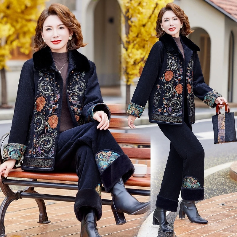新中式妈妈冬装外套加绒棉衣复古民族风棉袄中老年女装加厚两件套