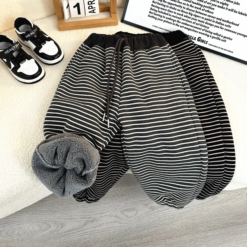 儿童加绒裤子冬装条纹童装男童秋冬保暖休闲裤女宝宝中小童长裤潮