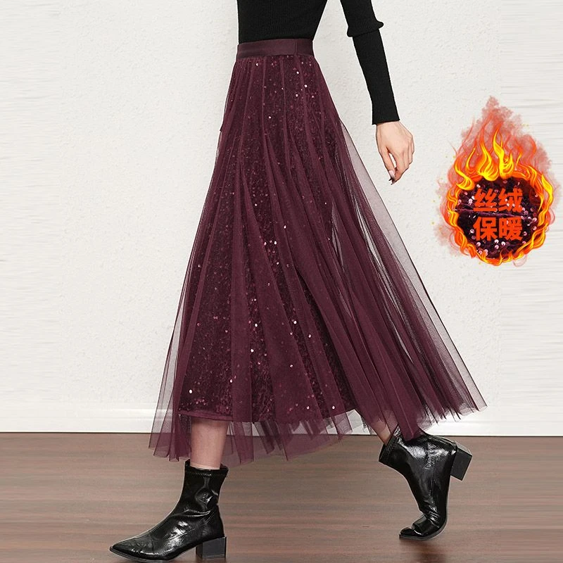 亮片丝绒半身裙女秋冬2025新款高腰垂坠感a字网纱裙显瘦大摆长裙
