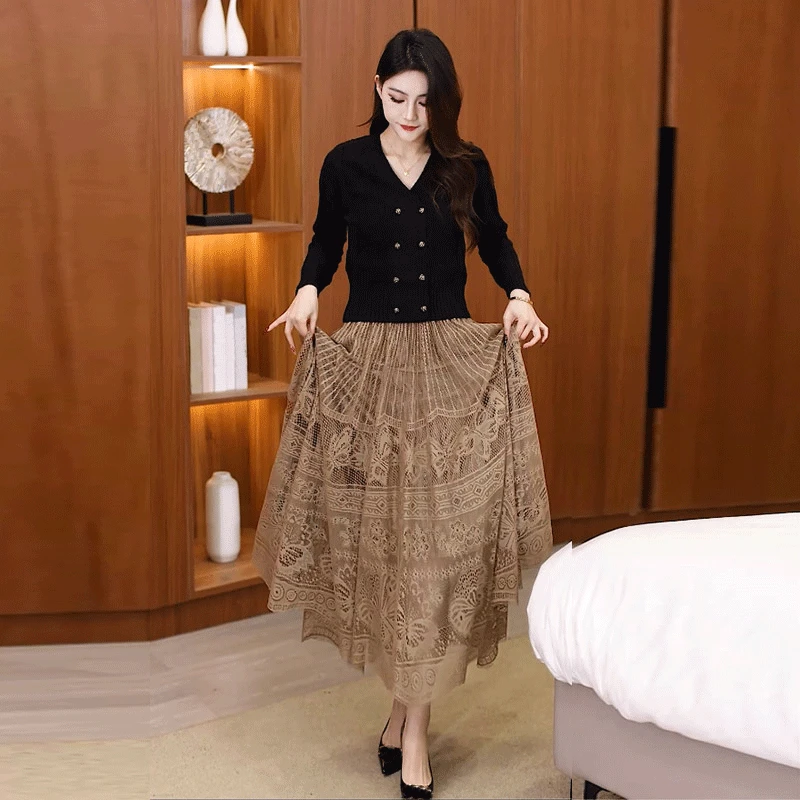 法式蕾丝半身裙女秋冬2025新款高腰中长两面穿气质百褶a字大摆裙