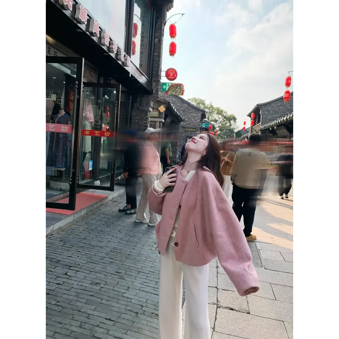 2024秋装搭配一整套小香风粉色毛呢外套搭配休闲裤子显瘦两件套女