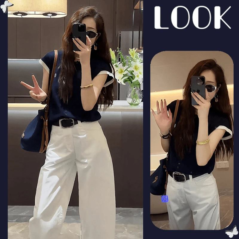 高级感小洋装两件套时尚polo领短袖上衣阔腿休闲裤网红炸街套装