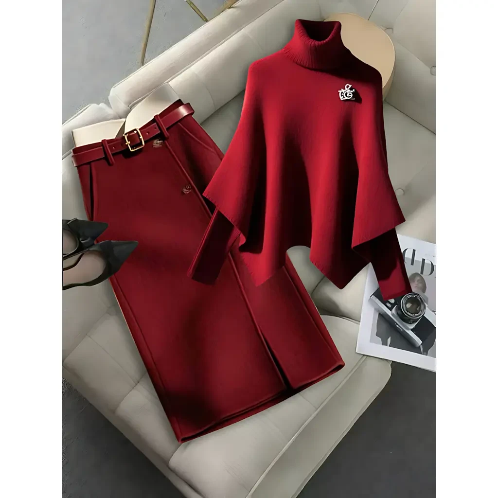 2024秋冬季欧货高端精致气质假两件上衣洋气时尚半身裙红色套装女