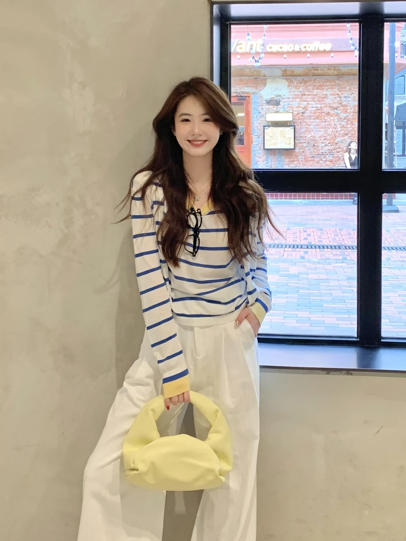 入秋搭配一整套韩系穿搭设计感休闲条纹针织开衫背心阔腿裤三件套