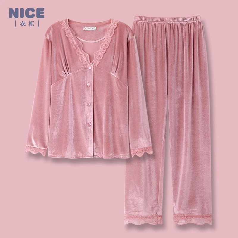 金丝绒睡衣女秋冬季高级感长袖家居服套装女士甜美加厚网红风薄绒