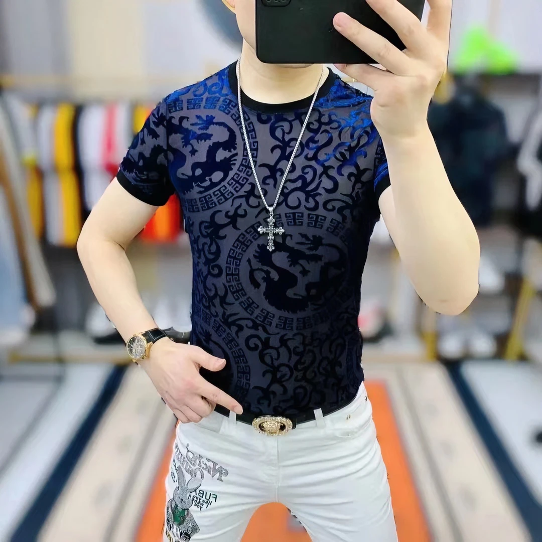 2023欧洲站夏季男士潮流时尚帅气修身6D植绒烧花圆领百搭短袖T恤