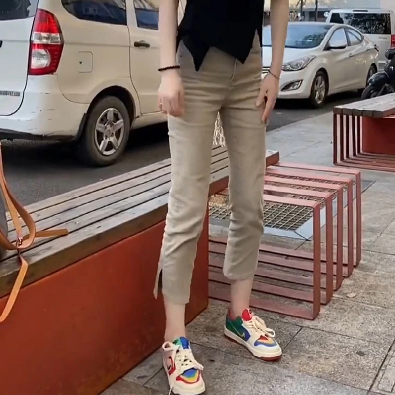 秋季新款卡其色弹力8分牛仔裤女胖妹妹高腰显瘦小个子开叉烟管裤