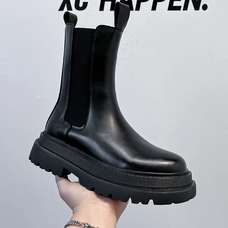 切尔西靴男士英伦风马丁靴男鞋皮靴高帮厚底增高中筒黑色烟筒靴