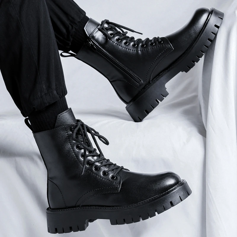 马丁靴男冬季加绒英伦风机车靴复古中帮皮鞋厚底侧拉链高帮工装靴