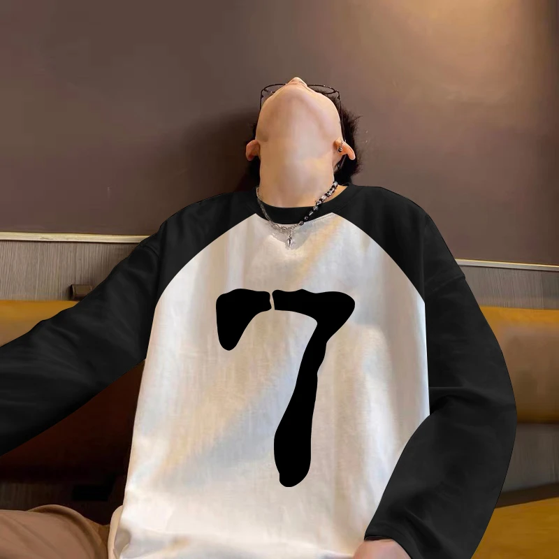 纯棉撞色长袖t恤男款春秋季美式高街ins潮流青少年百搭宽松上衣潮