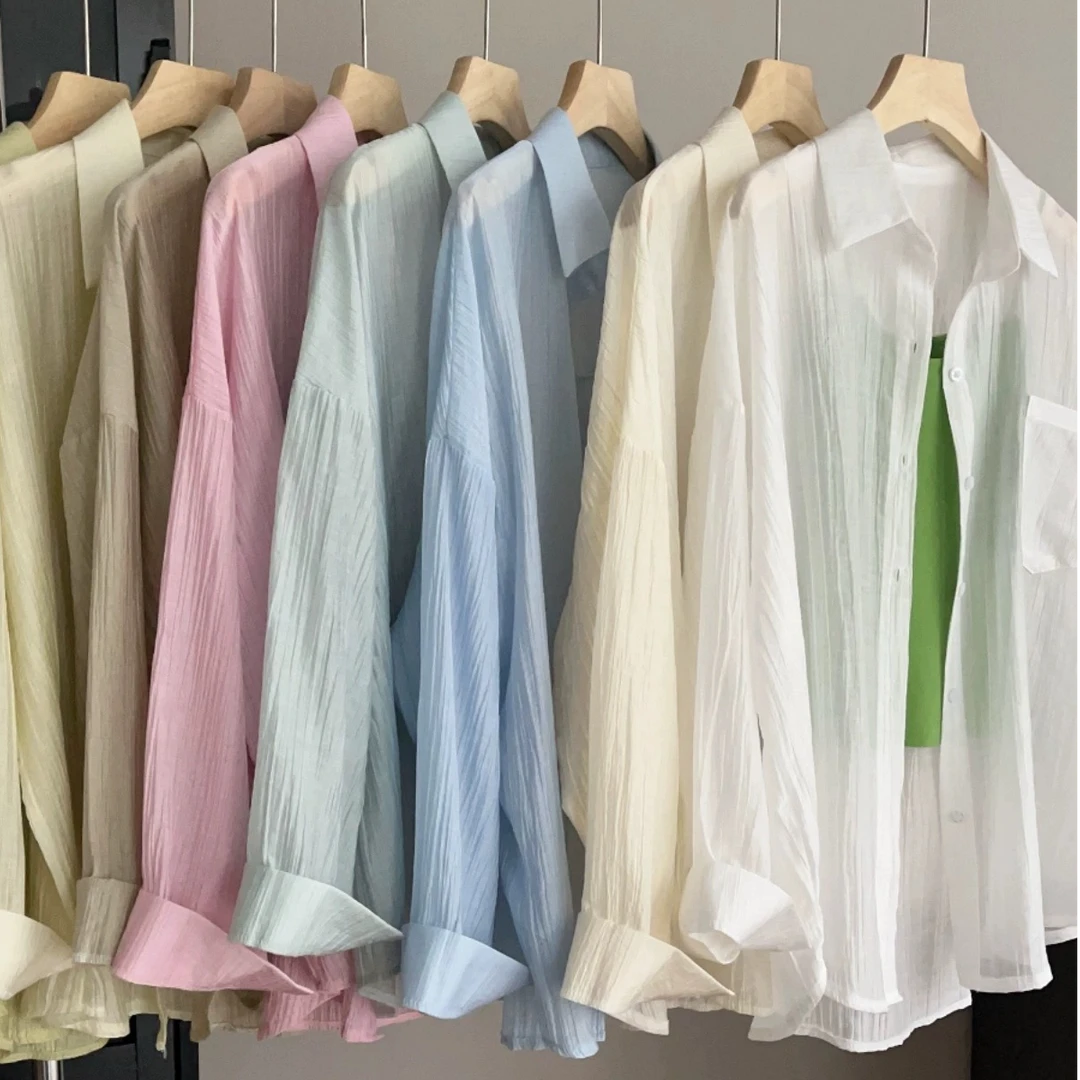 春夏美丽12色氛围感褶皱防晒宽松设计感百搭薄夏长袖【只有衬衫】