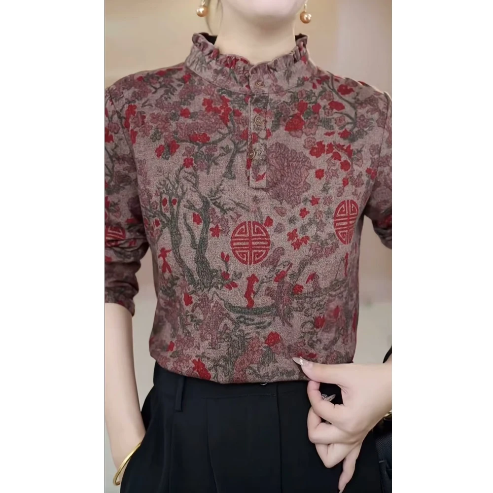 2024冬季复古印花上衣加厚时尚女宽松大码保暖修身打底衫