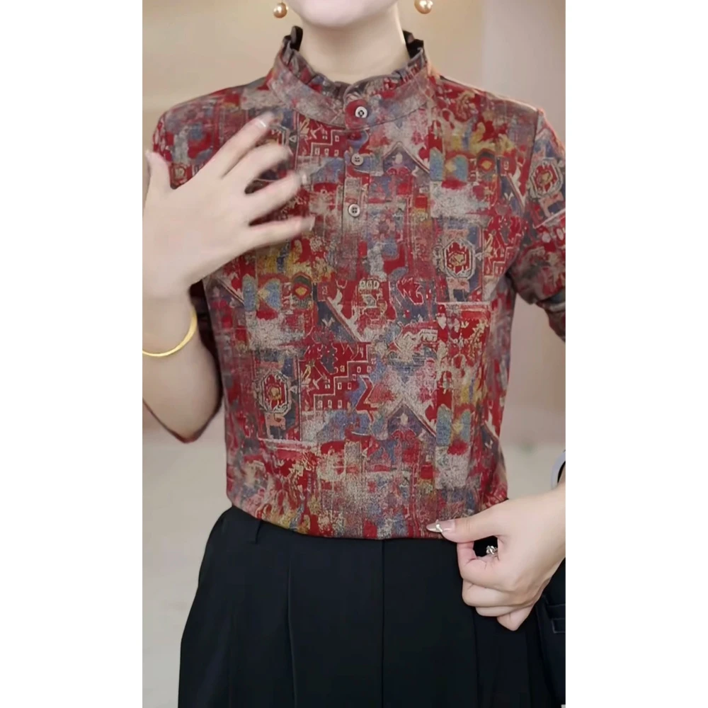 2024冬季半高领显瘦复古花色上衣加厚长袖女大码保暖打底衫