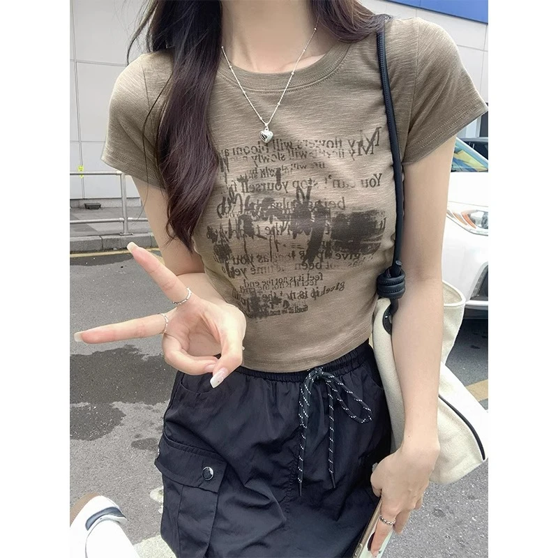 甜辣妹圆领正肩短袖上衣夏季设计感小众印花高腰显瘦小个子短t恤