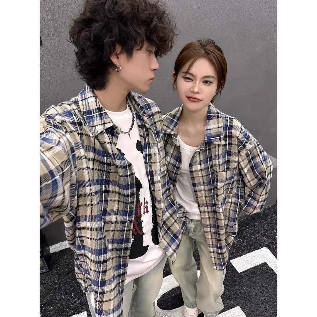 春秋季格子衬衫男生外套宽松青少年韩版潮流痞帅长袖衬衣加厚上衣