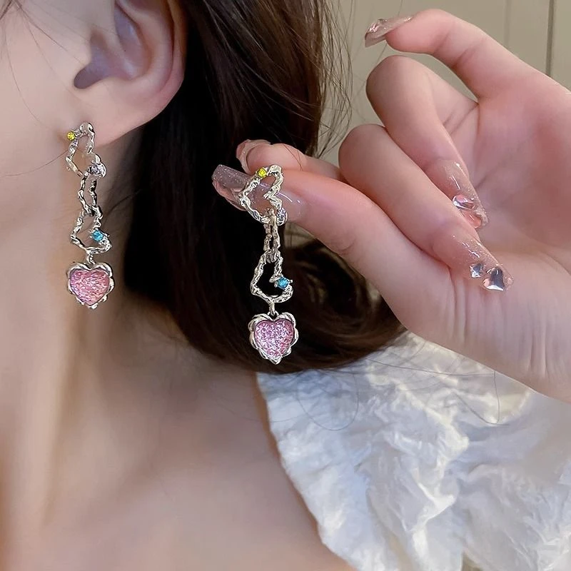铜合金耳饰 镶钻褶皱爱心耳环日韩ins甜酷冷淡风气质百搭耳钉时尚