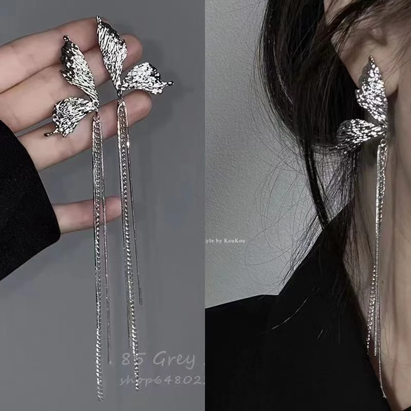 超仙ins金属褶皱高级感精灵流苏链条蝴蝶翅膀耳环耳饰耳坠爆款