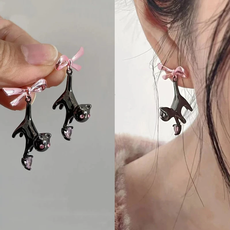 铜合金耳饰 设计小众耳饰黑猫粉色蝴蝶结耳环女潮流时尚甜美耳钉