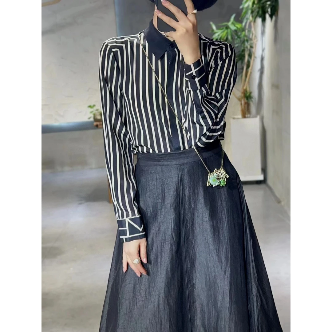 【DuShang】2025新款真丝桑蚕丝显瘦时尚条纹衬衫YW2241