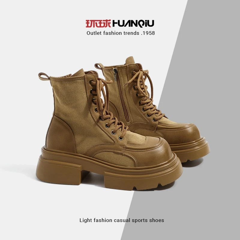 环球黑色马丁靴女2025秋季新款时尚百搭英伦风女厚底高跟休闲短靴