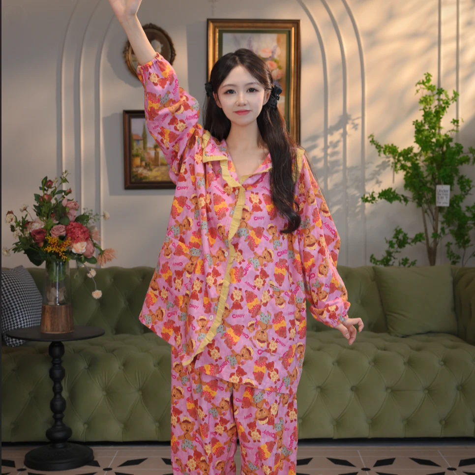 大码冬季磨毛纯棉睡衣女长袖套装胖mm200斤孕妈妈加厚家居服套装