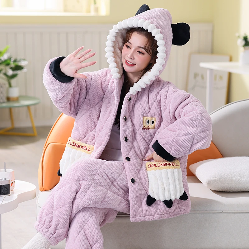 三层夹棉秋冬季大码加厚绒女士睡衣孕妈妈宽松胖MM280斤保暖套装