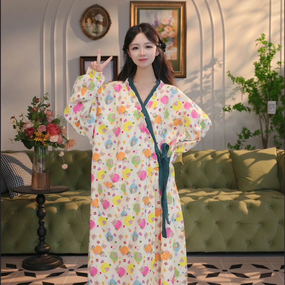 春秋大码纯棉睡裙女士卡通印花双层棉纱休闲裙薄款长袖睡衣连体裙