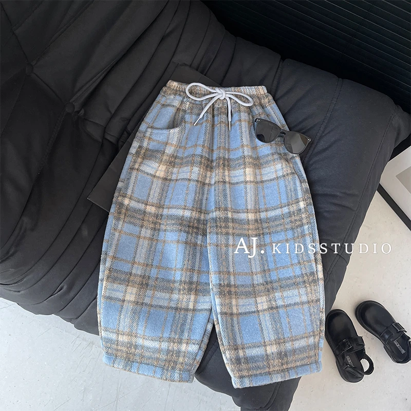 【现货】阿卷冬装韩版儿童复古格纹毛呢加绒加厚宽松休闲裤MPG5445