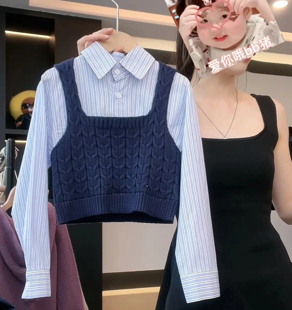 qc【现货】阿卷秋装韩版儿童洋气针织背心衬衫假两件上衣MPG5040