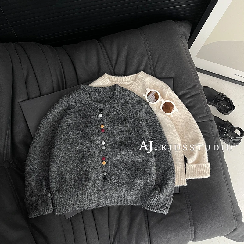 qc【现货】阿卷秋冬装韩版儿童彩色纽扣两色针织毛衣开衫MPG5250