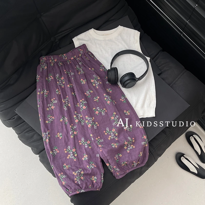 qc【现货】阿卷夏装儿童韩版个性时尚高腰宽松夏季碎花裤子MPG4347