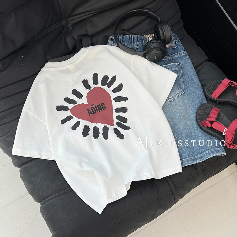【现货】阿卷2024夏装儿童时尚爱心印花休闲舒适短袖T恤MPG4170