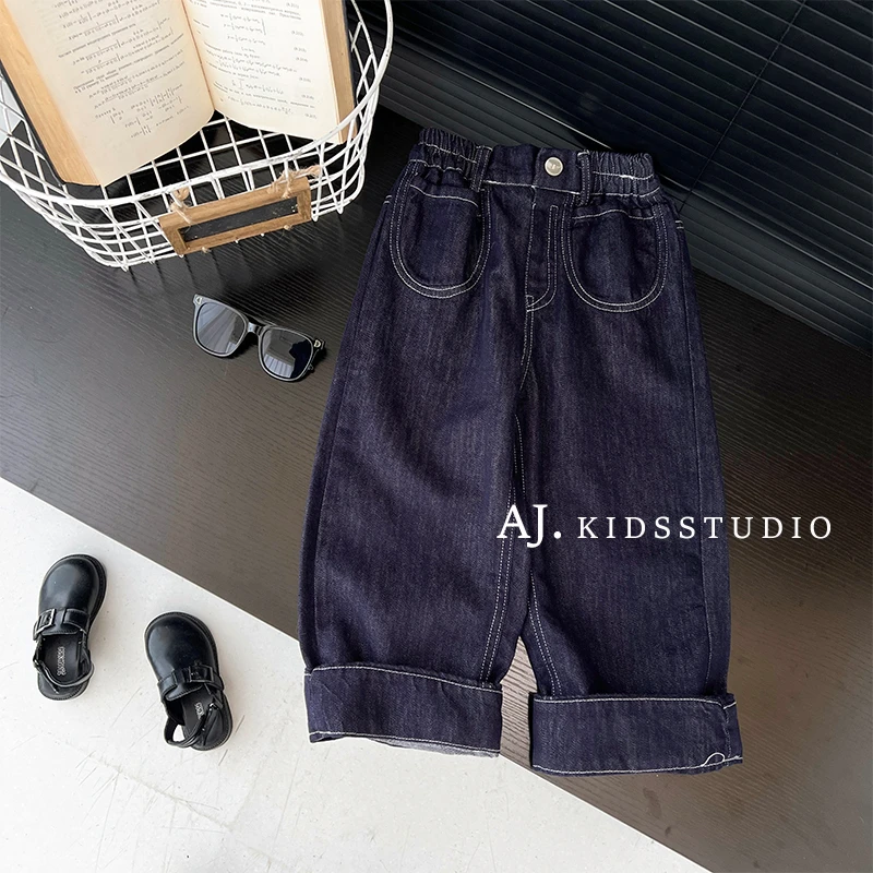 【现货】阿卷2024秋装韩版儿童撞色明线设计休闲牛仔直筒裤MPG5066