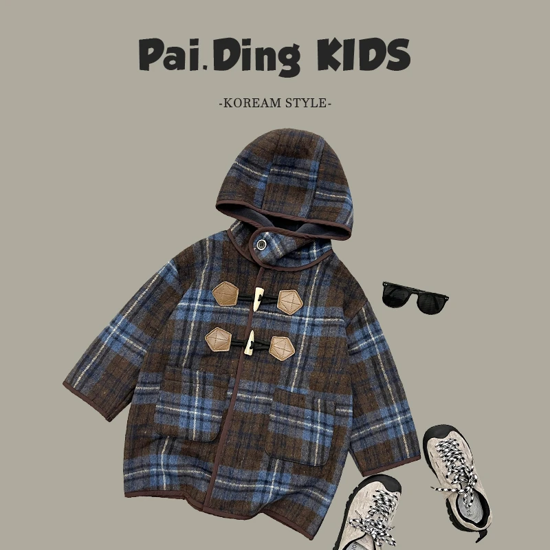 【现货】冬装儿童韩版复古格子休闲加绒中长款连帽外套HCXZ3779