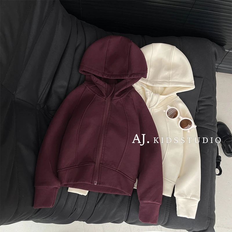 【保暖小奶皮】阿卷秋装韩版儿童简约纯色宽松连帽薄绒外套MPG5277