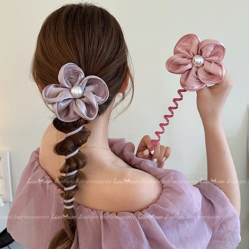 夏日氛围花朵扎马尾直条电话线发圈清新女2024新款高级感编发神器