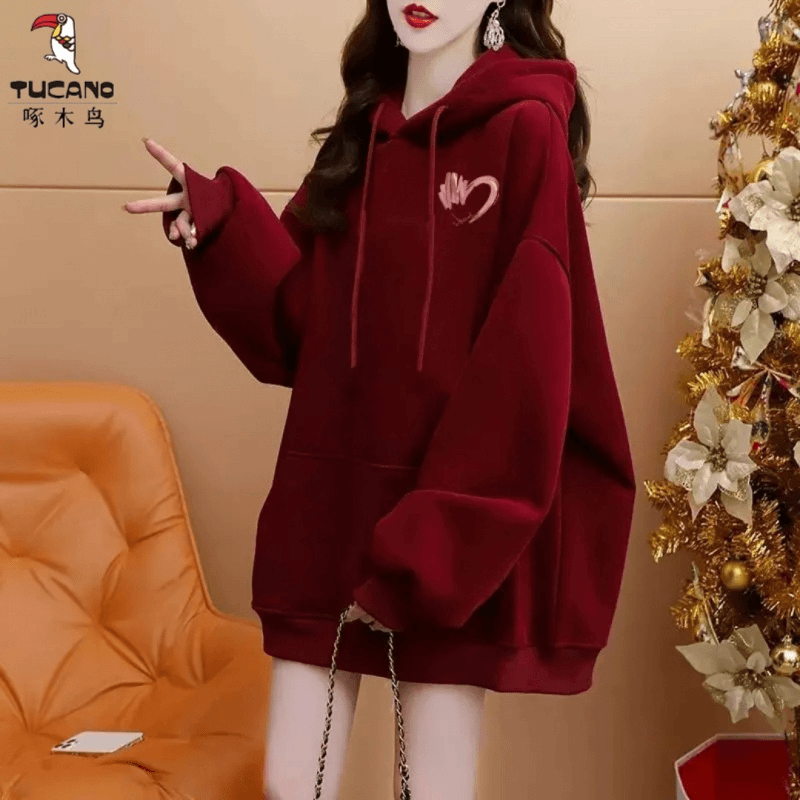 啄木鸟卫衣加厚加绒女连帽卫衣女oversize卫衣外套宽松中长款秋冬
