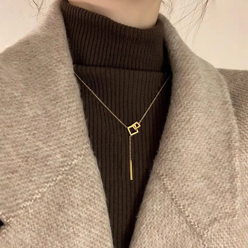 钛钢项链 钛钢几何方形环扣不掉色项链女小众设计半高领打底配饰