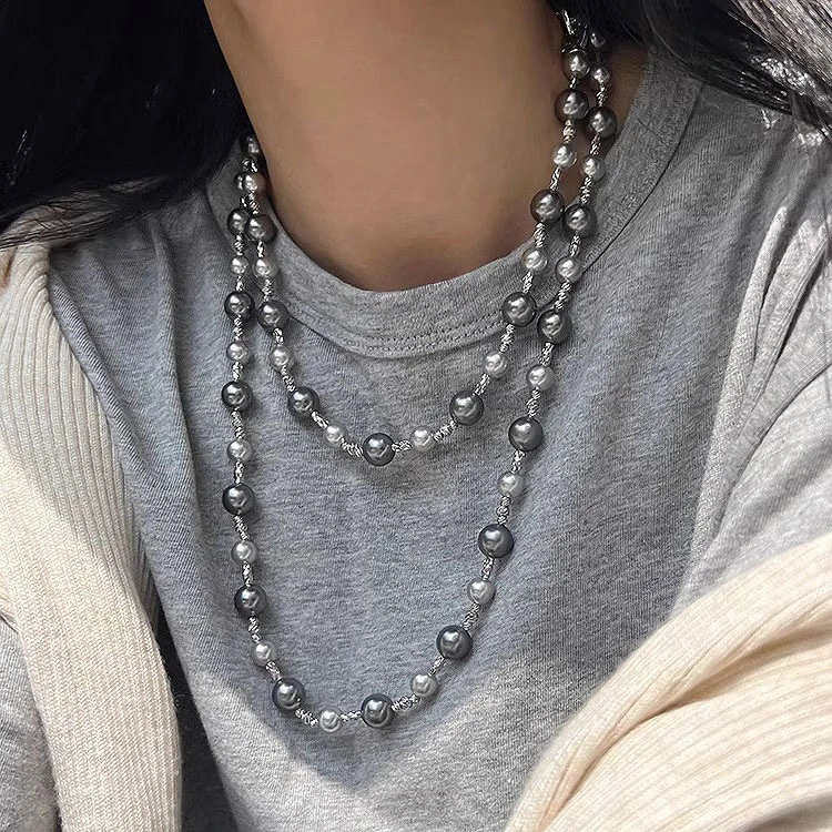 铜合金仿珍珠项链 轻奢深灰色混彩珠珠项链毛衣链颈链五金女孩潮