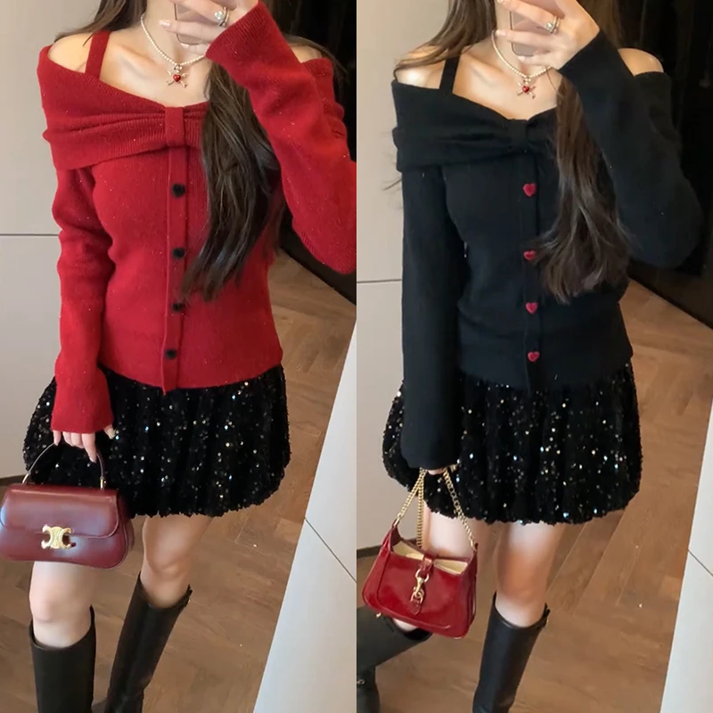 【mimius】&七七 一字肩纯欲风蝴蝶结爱心扣针织衫 汉服 WF11133