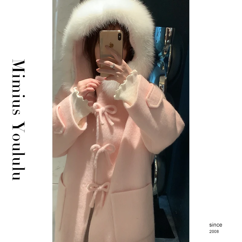 【mimius】七七 连帽充鹅绒羊毛大衣（蝴蝶结/毛领可拆） F10030