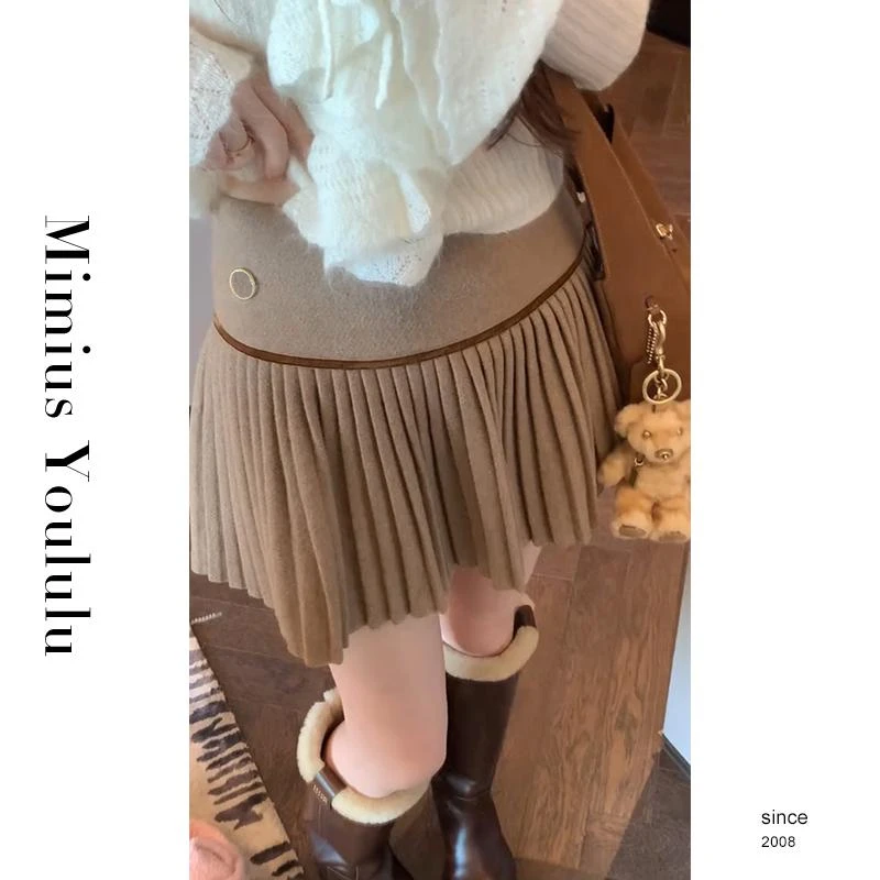 【mimius】七七 复古羊 毛毛呢撞色百褶裙裤 F10047