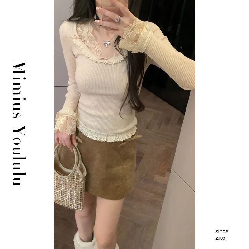 【mimius】&B游鹿鹿 纯欲风修身蕾丝拼接显瘦针织衫 汉服 F12166
