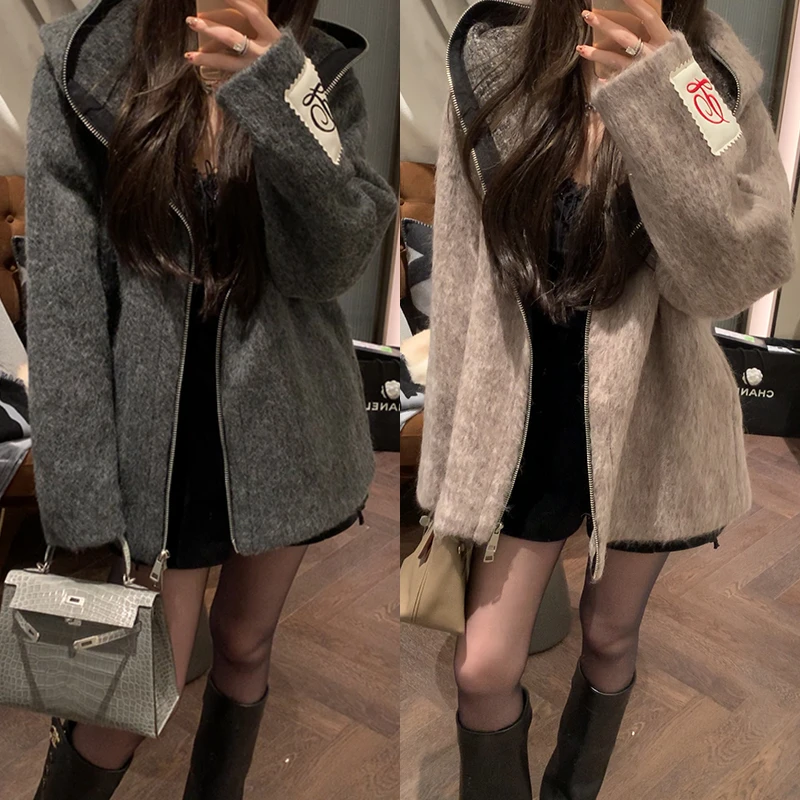 【mimius】七七 袖标连帽拼色羊毛加厚鹅绒短大衣 F11010