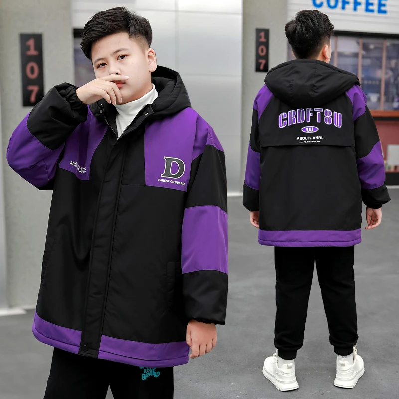 胖男童二棉外套加肥胖男孩保暖冲锋衣宽松大码连帽棉服8-15岁