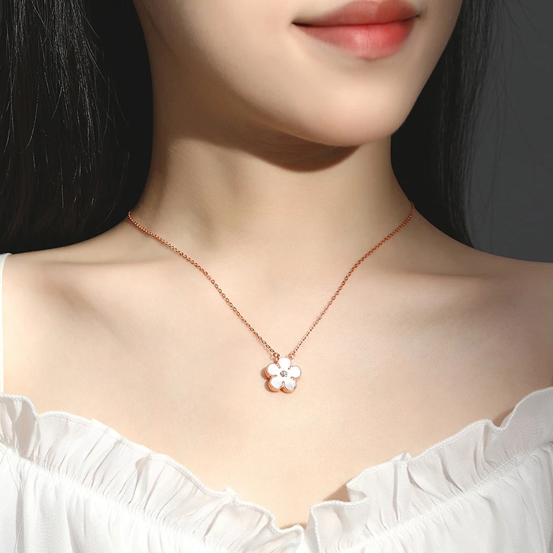 坠链均925银合成锆石 S925纯银五花瓣项链女时尚百搭双面佩戴坠链