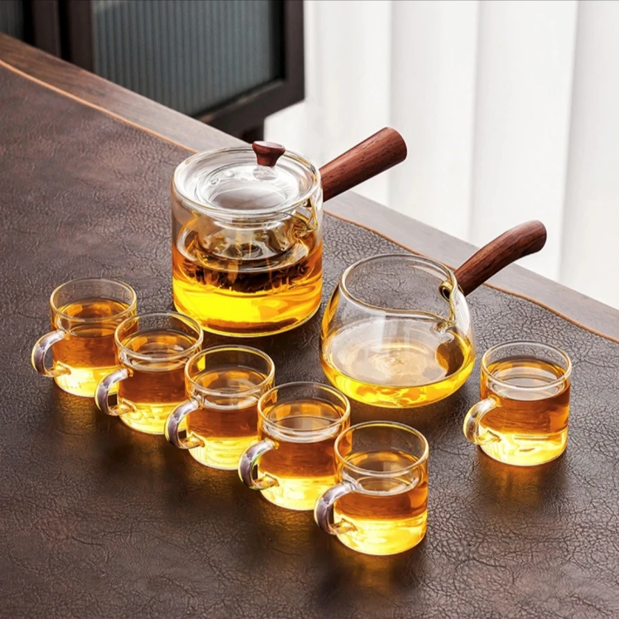 加厚玻璃茶具套装小型耐热家用透明轻奢过滤木侧把花茶壶煮茶壶