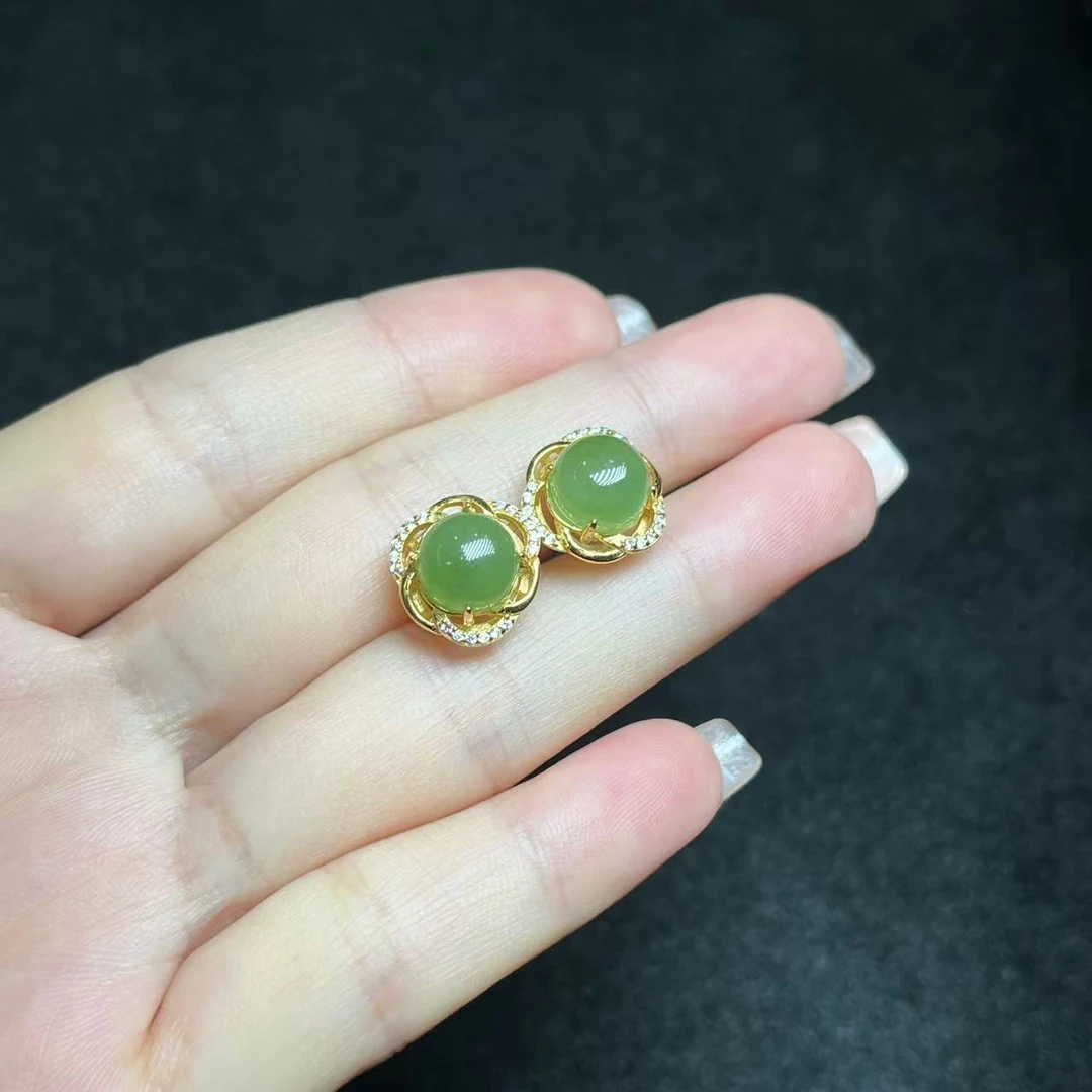 【善玉堂】S925银镶和田玉耳钉-Y14698【尺寸8*8mm】多样性发一