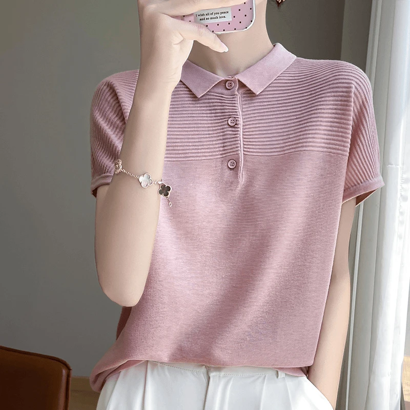 【桑蚕丝羊毛】娃娃领小飞袖显瘦百搭女士夏季半袖POLO翻领NS-922