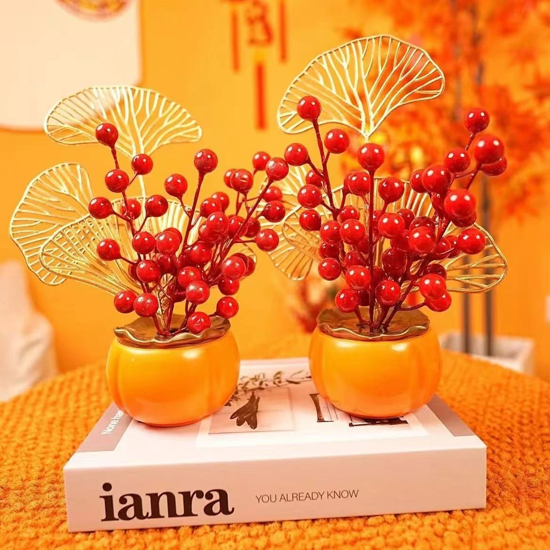 新年装饰红果摆件柿柿如意家居摆件发财果摆件玄关摆件